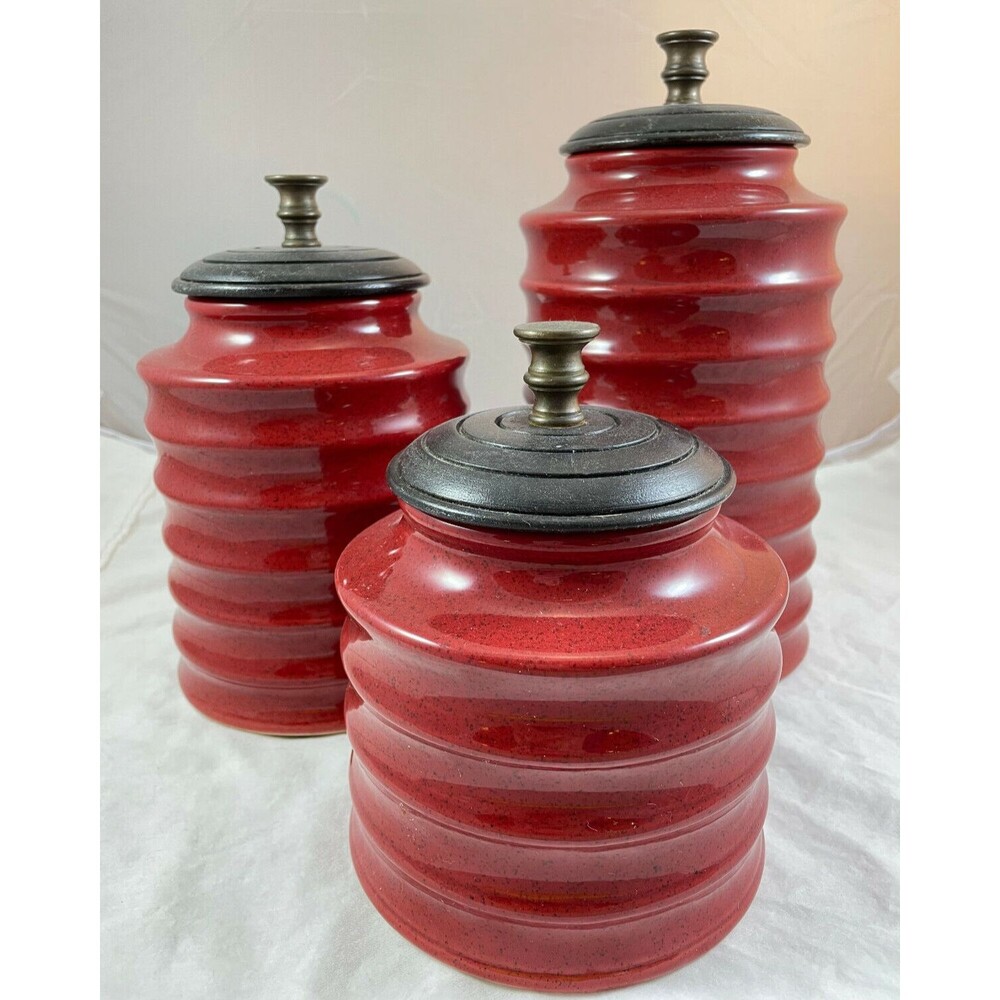 Pier 1 Red Canister Speckled Set of 3 Black Lid Stoneware 11, 9 &7" Ribbed